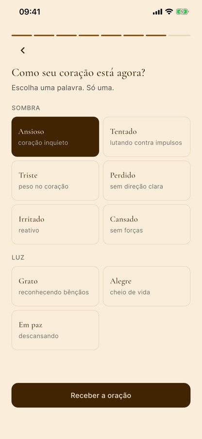 Tela do app perguntando como está o coração, com opções como ansioso, tentado, grato e em paz